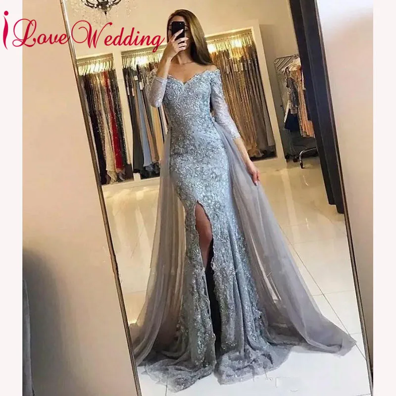 

New Arrival 2019 Sexy V Neck Grey Lace Evening Gown Custom made Side Split Three Quarter Sleeves Formal Dress Evening