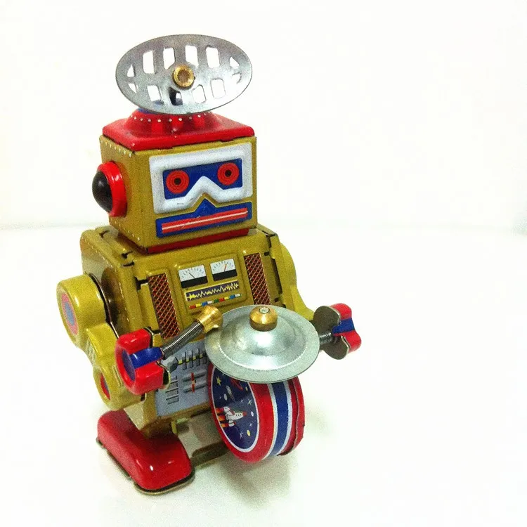 

[New] Classic collection Retro Clockwork Wind up Metal Walking Tin Band Play gong drum robot recall Mechanical toy kids gift