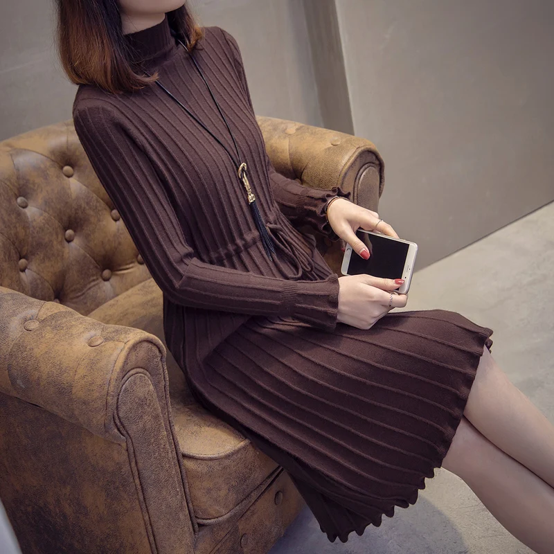 Womens Sweaters 2019 Winter Knitting Turtleneck Dress Bodycon Casual Pleated Midi Dress girls sweaters party Dresses vestidos