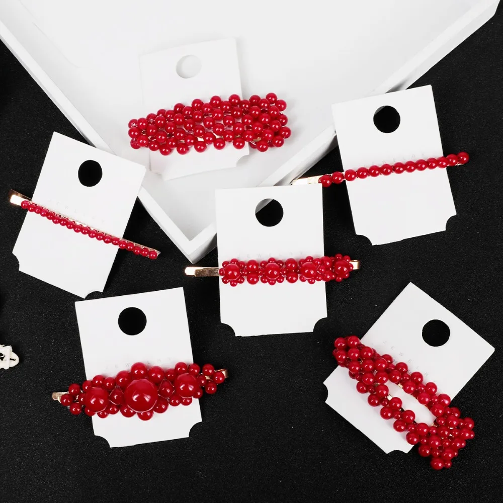 New Red Fashion Metal Hair Accessories Geometric Gold Color Hair Clip For Women Imitation Red Pearl Hairpin Barrettes Hairgrip