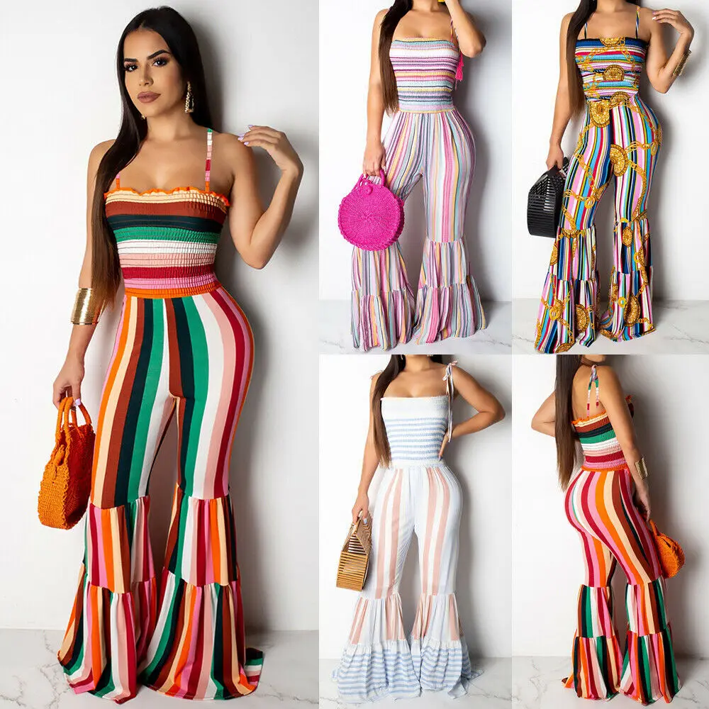 

Women Sleeveless Jumpsuits Lace Up Print Strpied Ruffles Wide Legs Bodycon Jumpsuit Clubwear