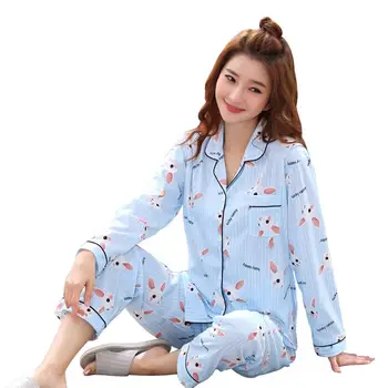 

Fashion Women Sleepwear Cherry Rabbit Print Pajama Set Lapel Long Sleeve Women Two-pieces Sleepwear