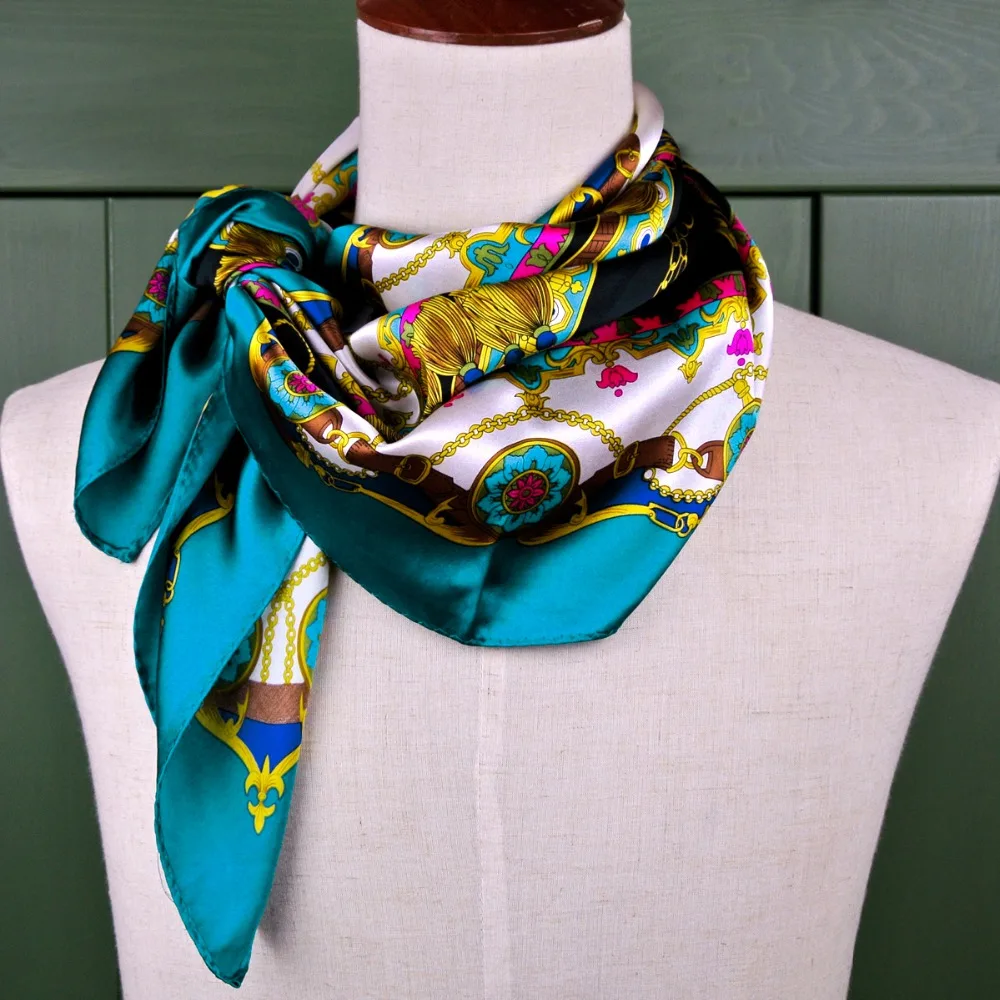 89*89cm Scarves Turquoise Multicolor Printed Big Square Shawl 100 Silk