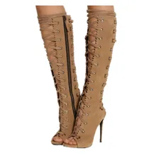 Новинка женские высокие сапоги в стиле гладиатор на высоком каблуке со шнуровкой и открытым носом