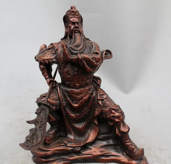 

10" Chinese Fengshui Bronze Seat Guan Gong Yu Warrior God Dragon Sword Statue