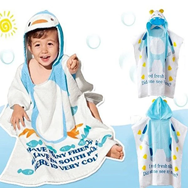 White blue Cotton Baby Beach Gown Child Bathrobe Beach Towels Cloak Cape Infant Cartoon Animal Hooded Baby Bath Towel(penguin - Цвет: White blue