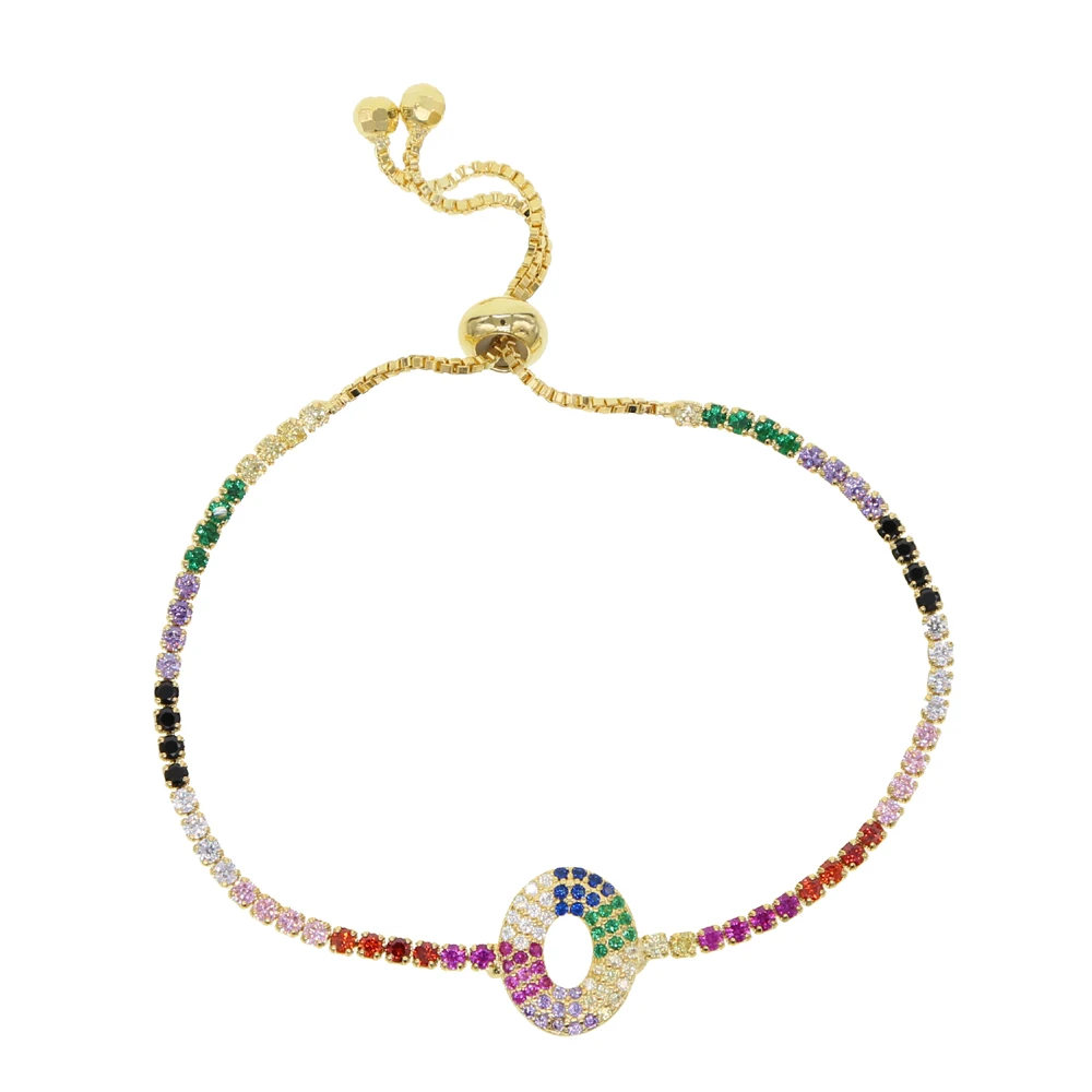 

new colorful cz pave rainbow cz tennis bracleet with 26 letter settting colorful adjustable size bracelet
