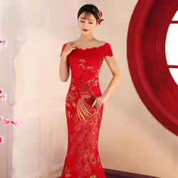 Сексуальная с плеча женский Qipao вышивка павлин Cheongsam хвост русалки платья для женщин Азиатский невесты тонкий свадебное платье тост одежда