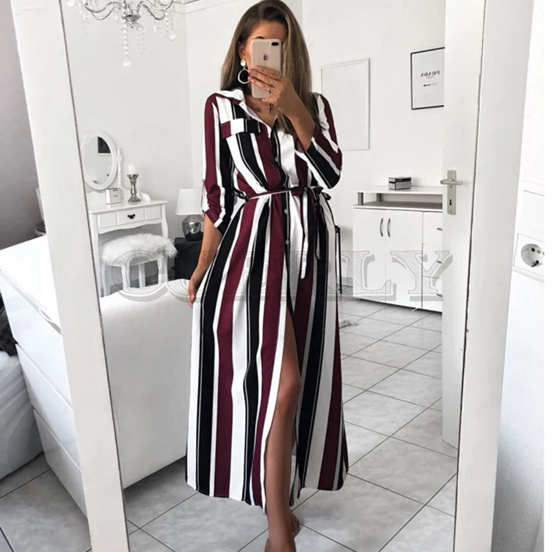 

2019 Office Ladies Striped Sashes Long Dress Women Turn-Down Collar Beach Shirt Dress Casual New Fashion Women Elegant Dress