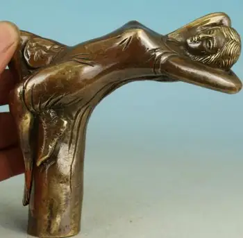 

DYZ 325+++++++Chinese Old Bronze Handmade Carved belle Collect Statue Walking Stick Head