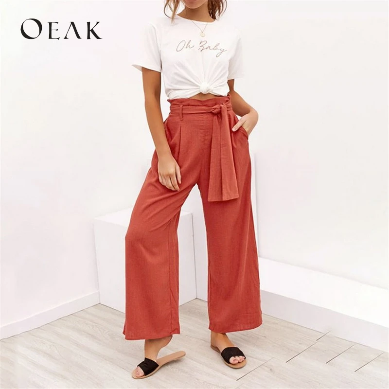 OEAK Лен элегантные офисные женские туфли широкие брюки для женщин Повседневное Высокая талия свободные длинные брюки 2019 женский мотобрюки