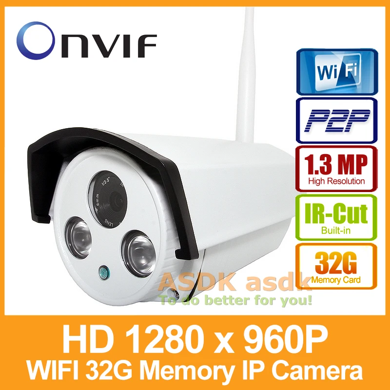 WIFI & 32G Memory 1280 x 960P 1.3MP Waterproof IP Camera 2 Array LED Outdoor Security Camera ONVIF P2P CCTV Cam with IR-Cut