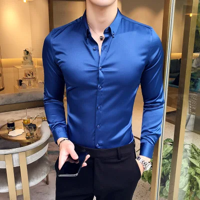 Осень с длинными рукавами Повседневная дикая цветная рубашка красивая модная вышивка Корейская мужская деловая тонкая хлопковая одежда - Цвет: Синий