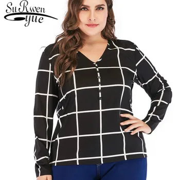 

womens tops and blouses blusas mujer de moda 2019 white blouse plus size Button Plaid chiffon blouse V-Neck Full 2258 50
