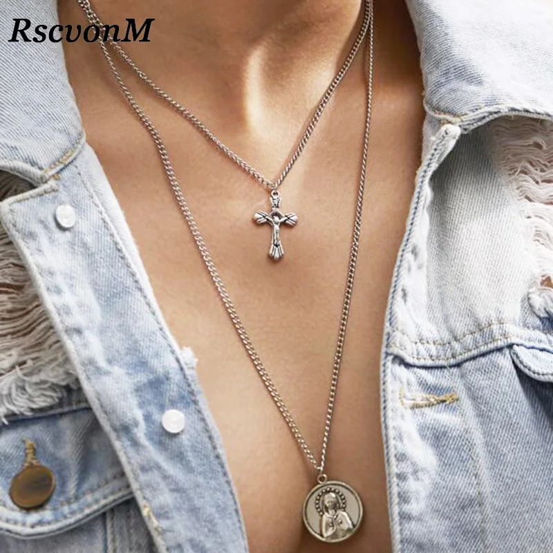 

RscvonM New Bohemia Silver Cross Layered Necklace Jesus Virgin Mary Chain Pendant Necklace Easter Day's Gift For Women Jewelry