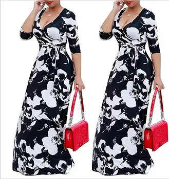 

Sexy Long Dress Large Size Women Clothes Printed Slim V-Neck Dress Loose Female Evening Party MD103