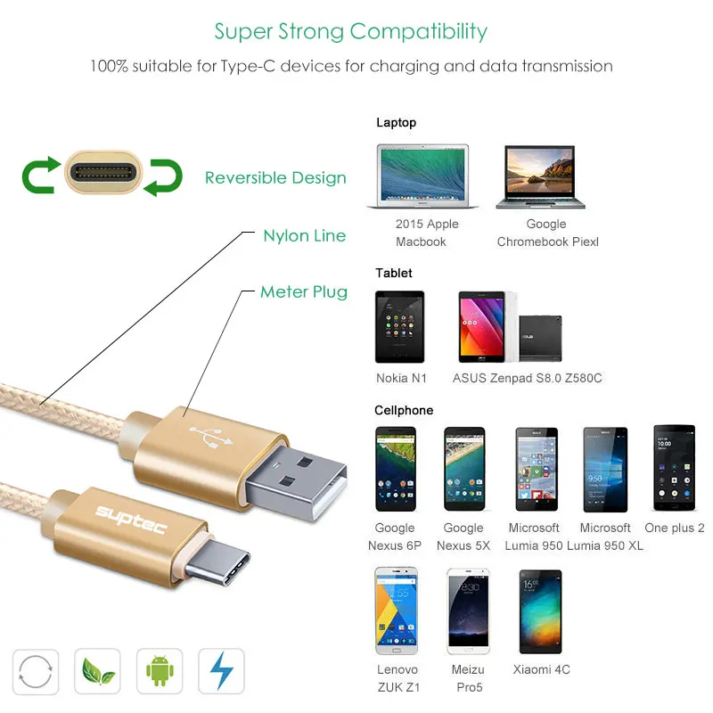 Кабель SUPTEC usb type-C 3,1 для быстрой зарядки и синхронизации данных, плетеный кабель USB C для samsung S8 Xiaomi Mi5 Mi4C huawei P10 USB-C