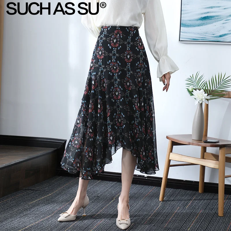 

New 2019 Spring Summer Chiffon Skirts Womens Black Print High Waist Ruffle Midi Skirt S-3XL Size Slim Asymmetry Skirt Female