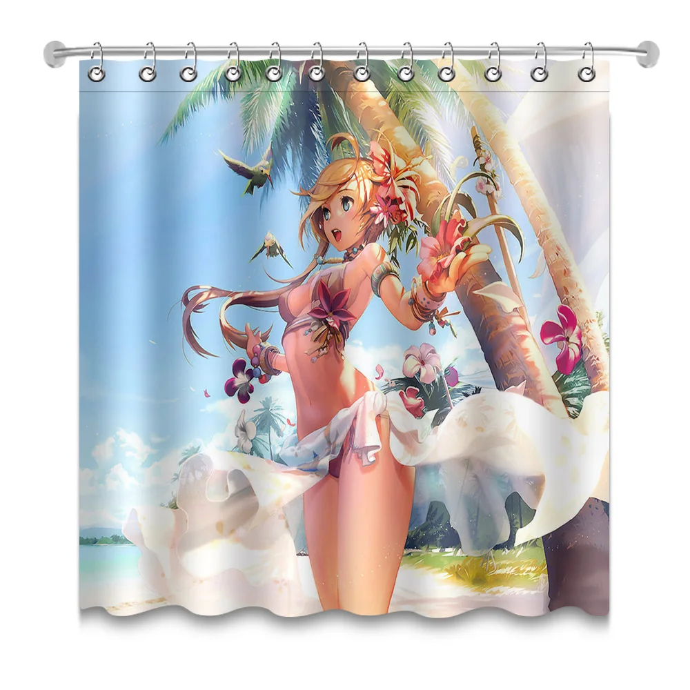 

Anime Shower Curtain Secondary Element Girl And Seaside Scenery Bathroom Mildew Resistant Waterproof Fabric For Bathtub Decor