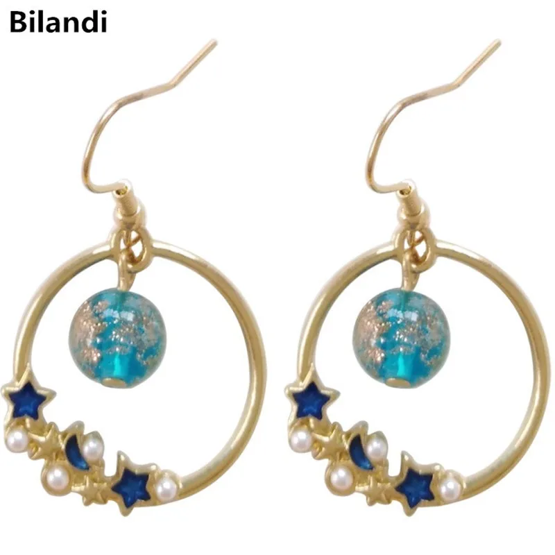 

Sweet Design Circle With Star Moon Pearl Glass Ball Drop Earrings For Woman Jewelry