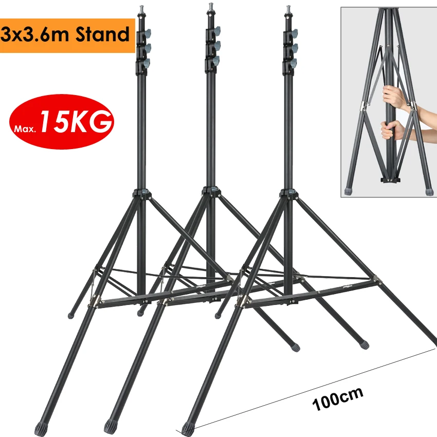  3pcs 3.6m Heavy Duty Max Load 15KG Photo Video Steel Metal Light Stand Tripod Support Holder fr Stu - 32900352611