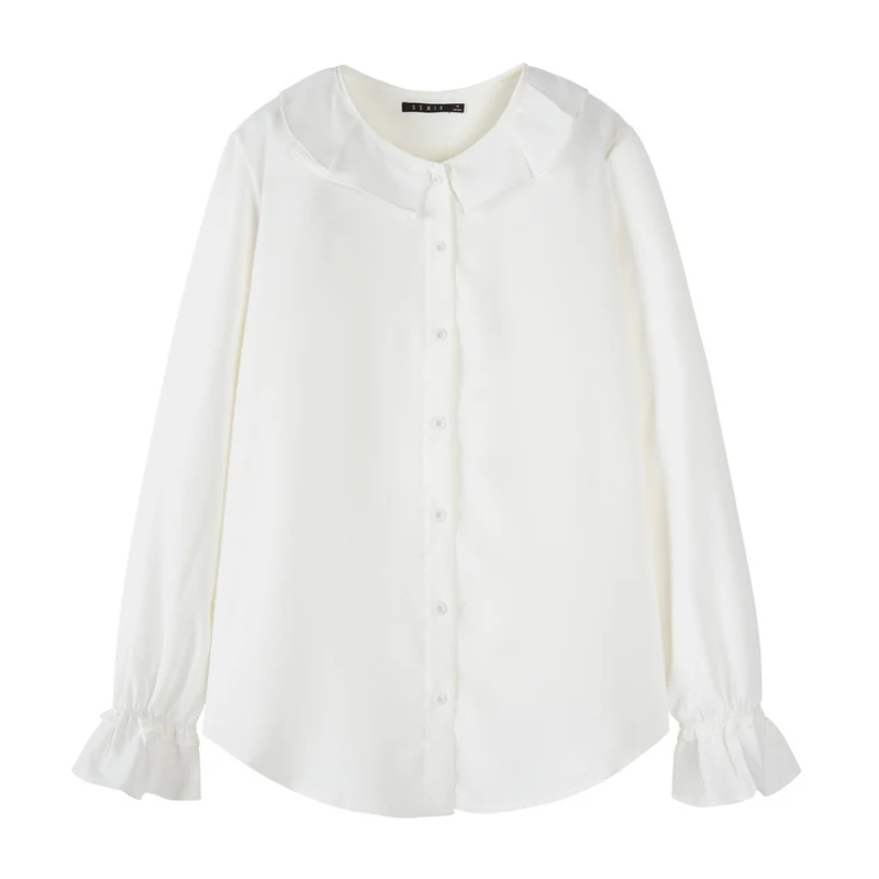 SEMIR шифоновая женская рубашка с длинным рукавом, осень, новинка, милый воротник в виде листьев, рубашка с рукавом-трубой, шикарная хлопковая модная Свободная рубашка - Цвет: white