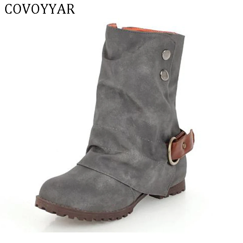 

COVOYYAR 2018 Autumn Winter Shoes Women Flat Buckle Ankle Boots Women Vintage Fur-lined Casual Western Boots Big Size WBS432