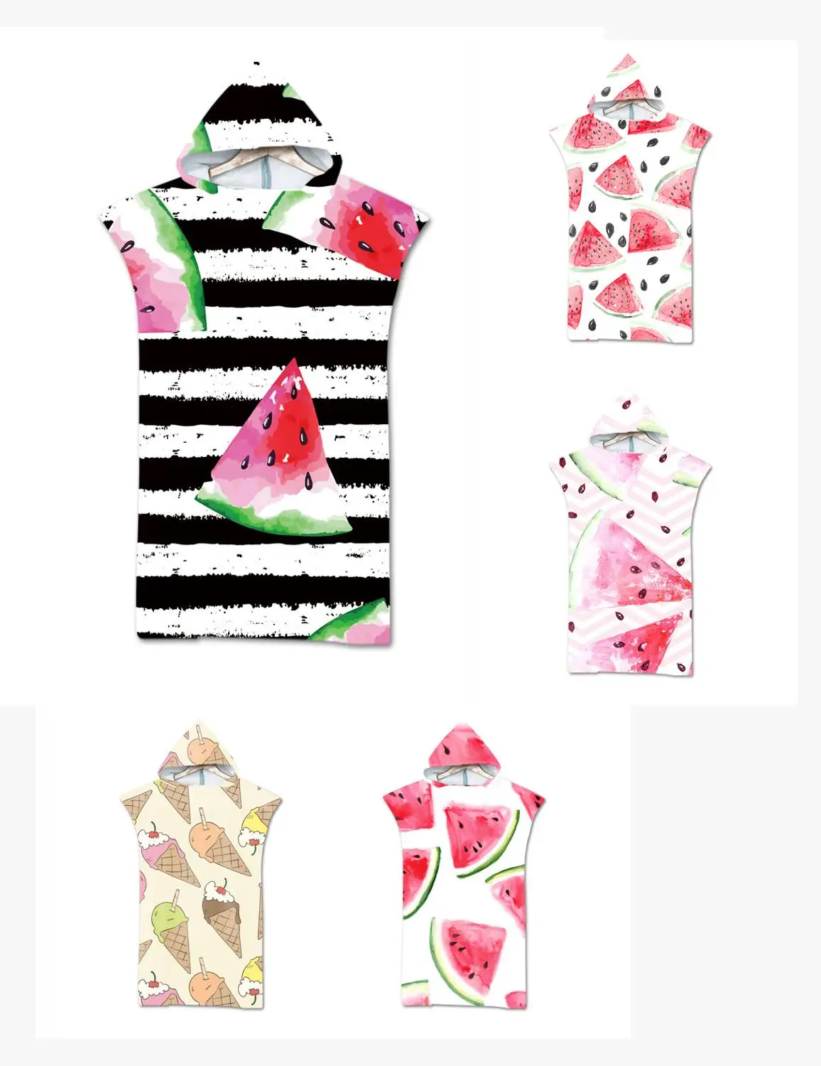 

Free shipping Gift Summer Fruit Watermelon Ice Cream Striped Pattern Adult Children Hooded Towel Pool Bath Beach Poncho Towel