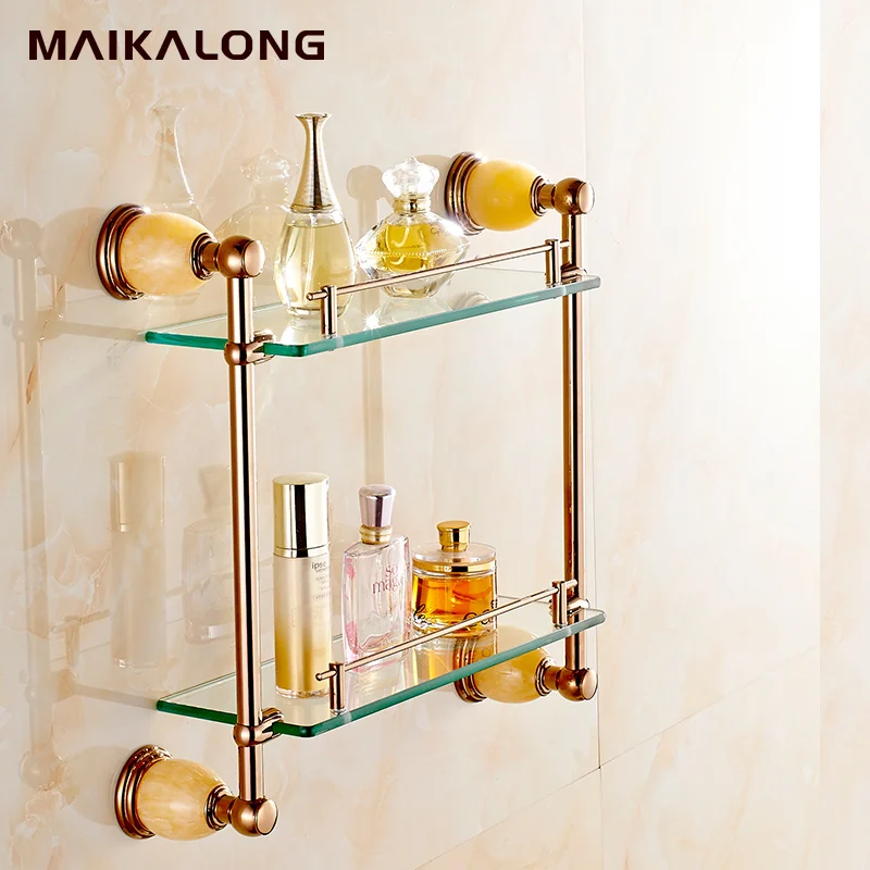 Marble & Brass Bathroom shelf ,double shelf Pure copper&glass,Jade