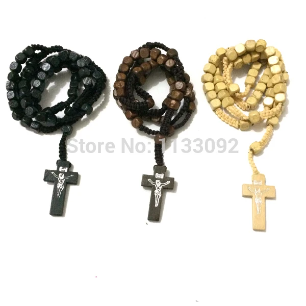 

free ePacket ship 60pcs/lot Mix 3 colors 18" Cord Square Wood Beads Rosary Jesus Cross Necklace Sturdy Construction