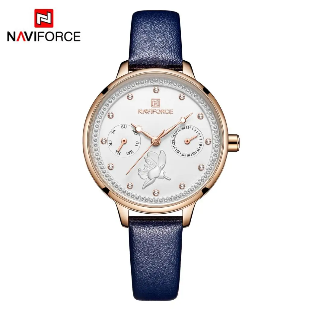 NAVIFORCE, женские часы, модные, кварцевые, женские, кожаный ремешок для часов, дата, неделя, повседневные, водонепроницаемые, наручные часы, подарок для девочки, новинка, синий цвет