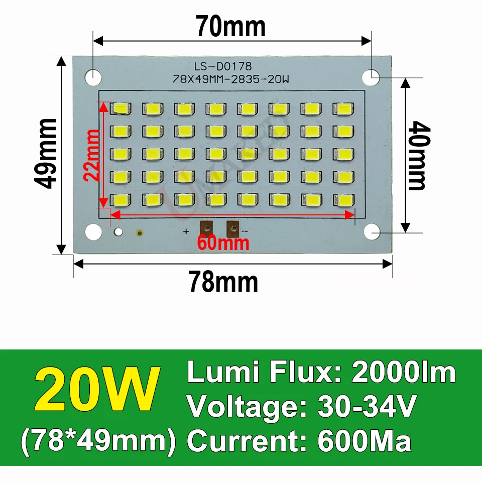 20 Вт 78x49 мм 100% полномощный Светодиодный прожектор SMD2835 светодиодный PCB 2000лм