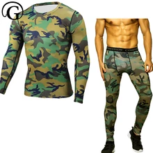 2 шт. = 1 компл. мужские камуфляжные с длинным рукавом дышащие рубашки высокие эластичные бедра тела shaper Нижнее белье для бодибилдинга компрессионные узкие брюки