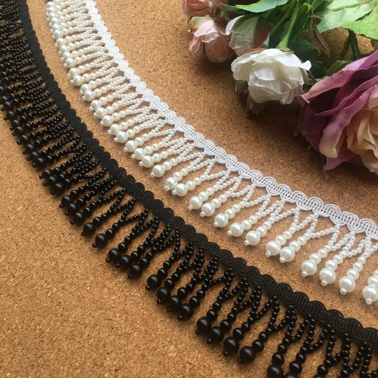 1yard price beaded lace black and white pearl hanging tassel  lace skirt wedding dress diy decorative clothing accessories