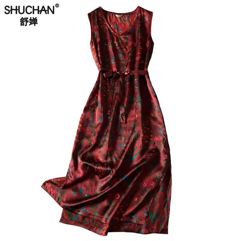 

Shuchan Office Lady Print Tank Natural Silk Dress To Mid-calf Sashes Vestidos Largos De Verano Women Cute Summer Dresses A0866