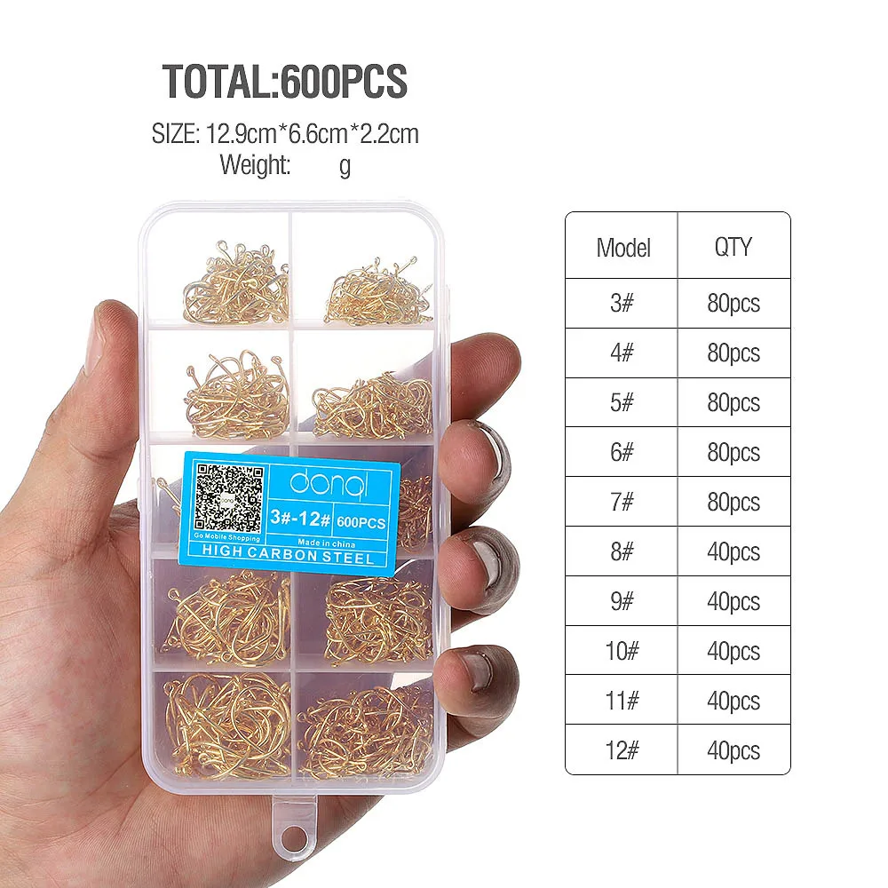 600pcs DONQL 200-700pcs/ Set Fishing Hooks Barbed Carp Single Fishihook 3#-12# Jig Fly Fishing Hooks Carbon Steel Sea Accessories - Цвет: 600pcs