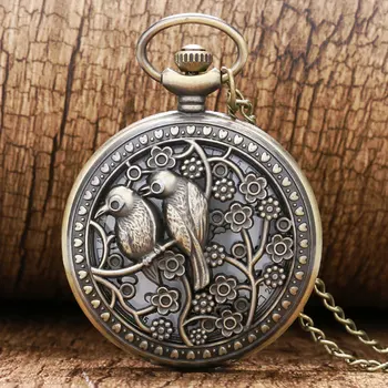 

Bronze Lovely Bird Hollow Quartz Pocket Watch Retro Vintage Necklace Pendant Fob Watches for Women Best Gift