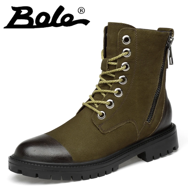 

High Quality Boots for Men Green Black Genuine Cow Leather Boots Round Toe Lace Up Winter Fur Shoes Big Size37-47 Male Shoes New