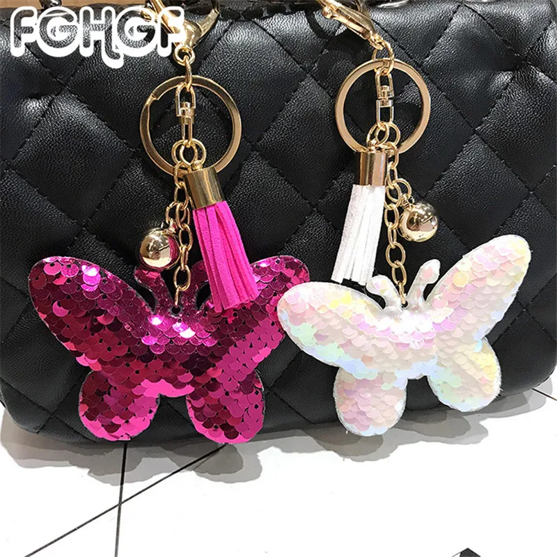 

FGHGF2018 Colorful Sequin Small Butterfly Keychain Shiny Reflective Cartoon Bow Tassel Keychain Ms. Bag Ornament Car Keychain