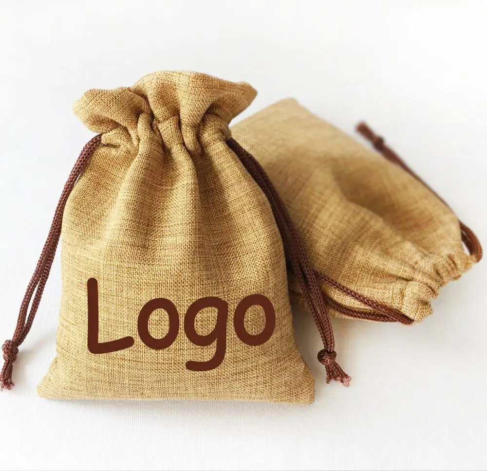 (50 pcs)Soft Flax Drawstring Bag Velvet Lining Linen Cotton Sachet