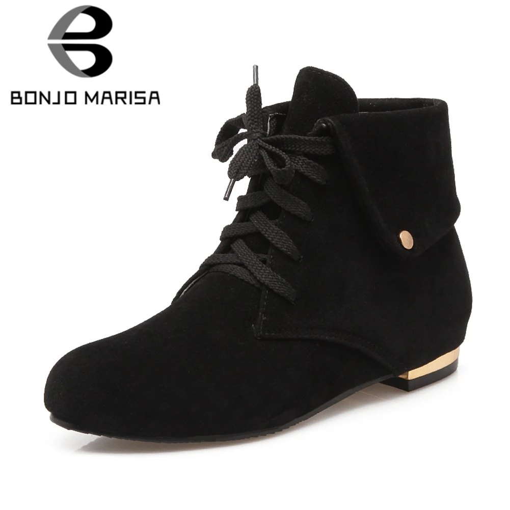 

BONJOMARISA 2019 Winter Big Size 34-43 Hot Black Casual Women Flat Ankle Fur Boots lace-up Metal Decorate Low Heels Shoes Woman