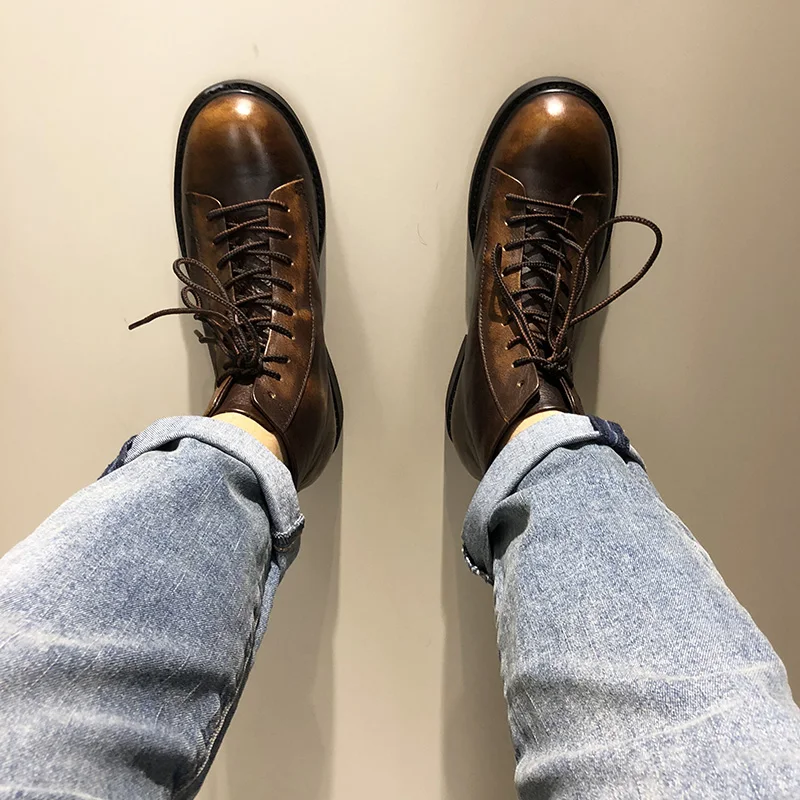 Cuero Zapatos De Tobillo Hombres Superior Tamaño Ee Estilo Marrón Alta Casuales Moto Genuino Lujo Uu Grandes Encaje Los Botas Zapatillas W0tv1Wf