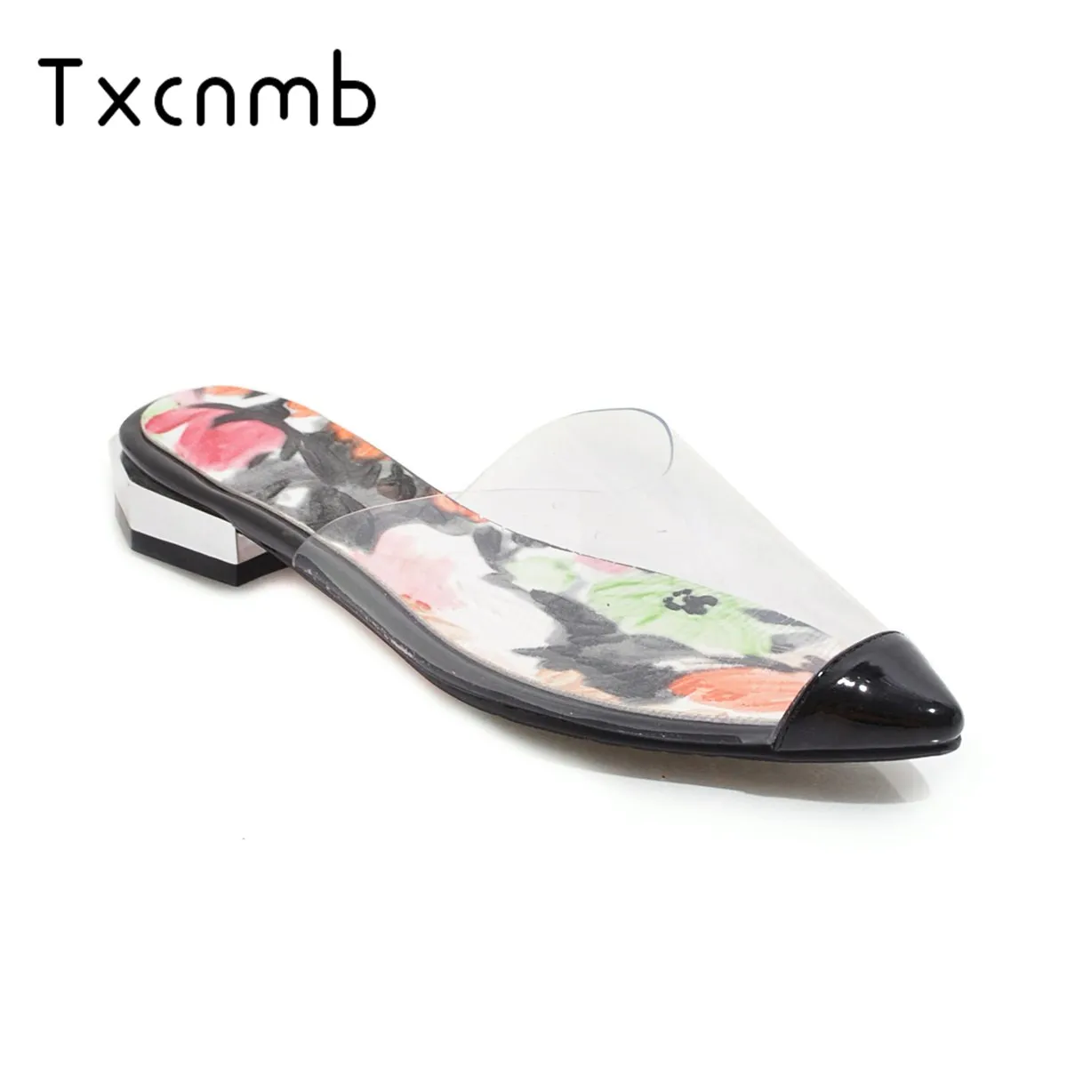 

TXCNMB shoes woman 2019 Women Sandals summer Transparent sandals Square Low Heel Pointed Toe Slingback Slipper Simple