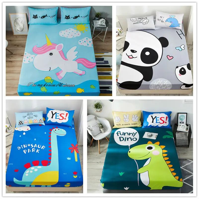 

100% Cotton Elastic Bedsheet Kids Cartoon Unicorn Panda Dinosaur Printing Fitted Sheet 1pc Single Queen King Size Mattress Cover