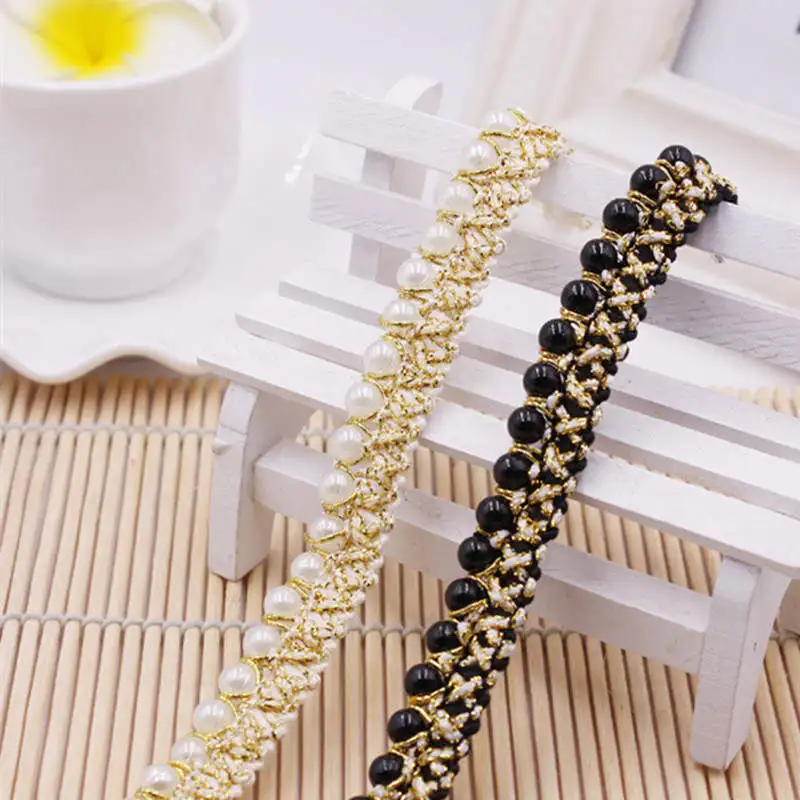 

DoreenBeads Gold Color Imitation Pearl Ribbon Lace Beaded Lace Wedding Dress Bag Hat Socks Applique Beige Black About 0.9m 1PC