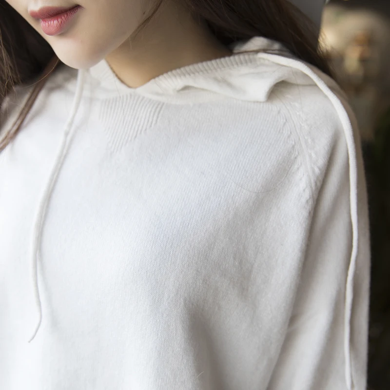 2019 Spring and Autumn New Loose Knit Pullover Quality Hooded Women Cashmere Sweater Solid Color Hooded Wool Sweater Coat D190