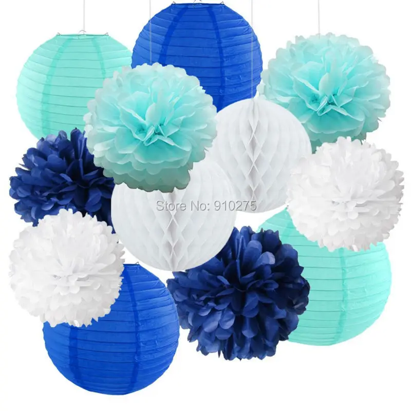 12pcs Mixed Royal Blue Baby Blue White Tissue Pom Poms Hanging Paper