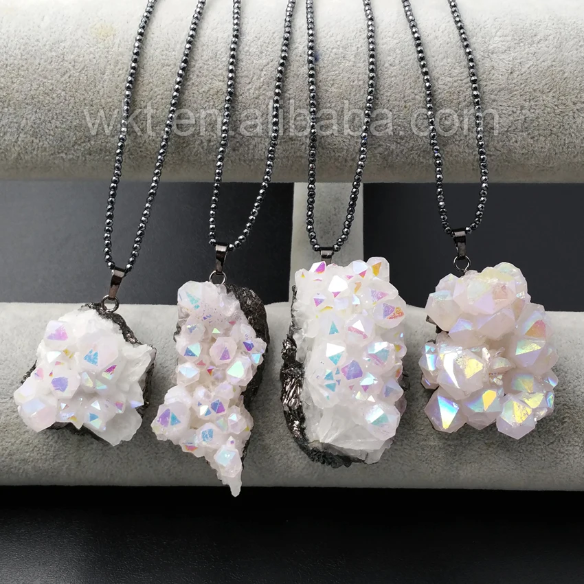 

WT-N913 wholesale custom Fashional design chunky angel Aura quartz necklace hematite beads chain 18"inch Hematite chain for gift