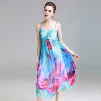 

silk floral bohemian robe femme ete 2019 summer long vintage women's beach sling dresses plus size loose blue art printed flower