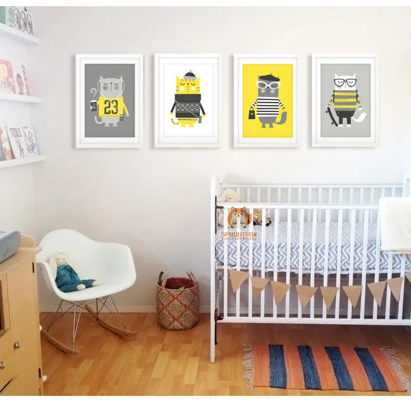 Желтый кот мультфильм Животные холст Художественная печать живопись плакат Настенная картина для украшения дома спальня детская девочка детская комната